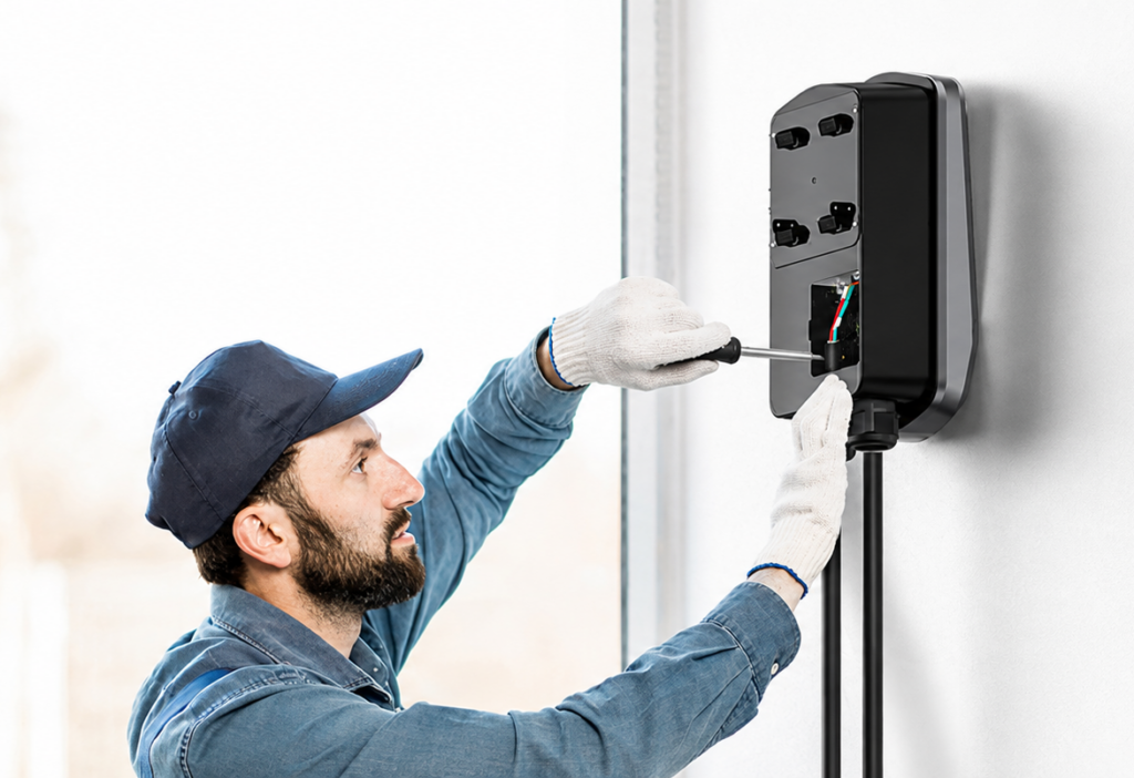 Electrician installing a wall-mounted EV charger on a residential wall.