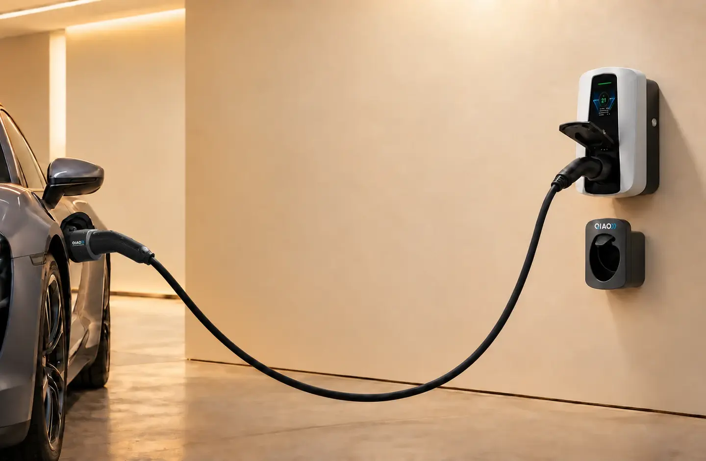 A removable Type 2 charging cable connects an electric car to a socketed home charger in a garage, with a QIAO-branded cable holder mounted below.