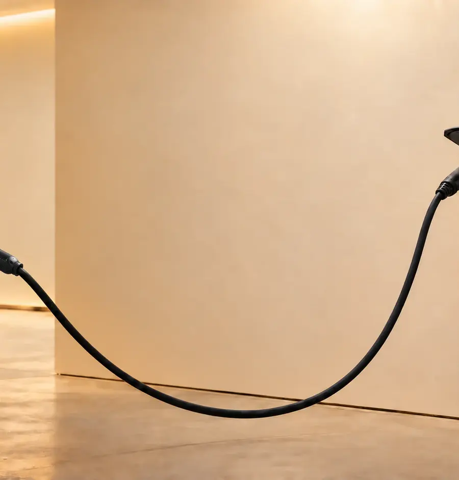 How to Choose an EV Charging Cable for Home and Travel A removable Type 2 charging cable connects an electric car to a socketed home charger in a garage, with a QIAO-branded cable holder mounted below.