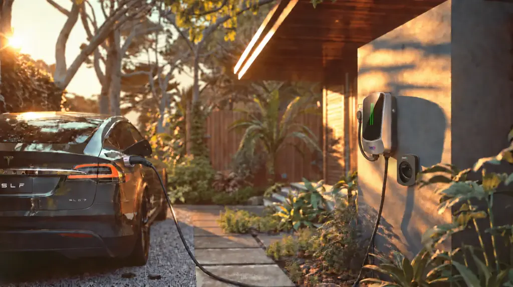 Electric car connected to a wall-mounted QIAO Q6 home EV charger at sunset.