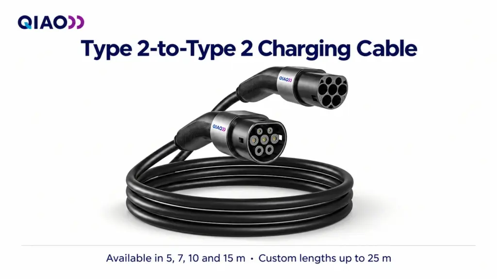 QIAO Type 2-to-Type 2 charging cable with both connectors visible; available in 5, 7, 10 and 15 m, with custom lengths up to 25 m.