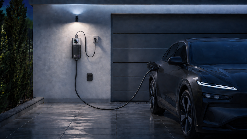 QIAO portable EV charger charging an electric car in a residential garage.