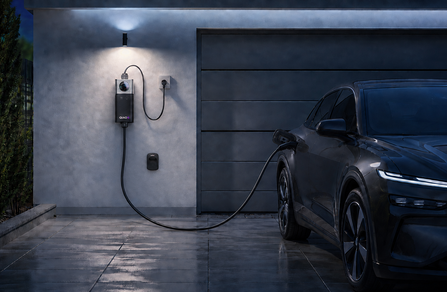 QIAO portable EV charger charging an electric car in a residential garage.