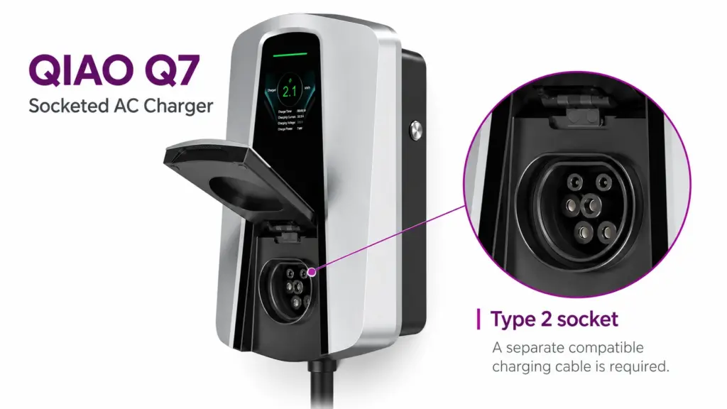 QIAO Q7 socketed AC EV charger with an open protective cover and a close-up of its Type 2 socket.