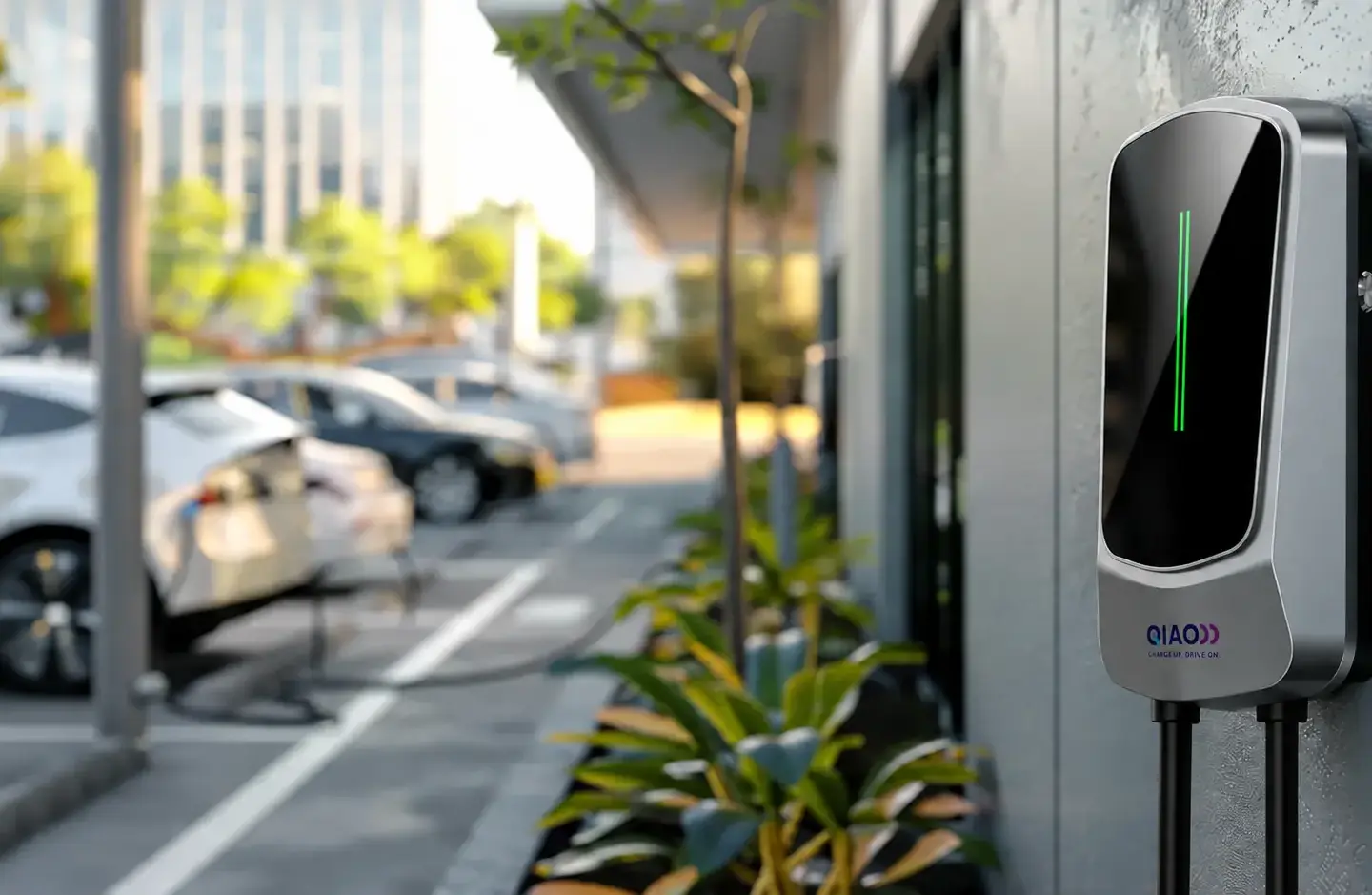 QIAO wall-mounted EV charger installed beside an outdoor parking area.