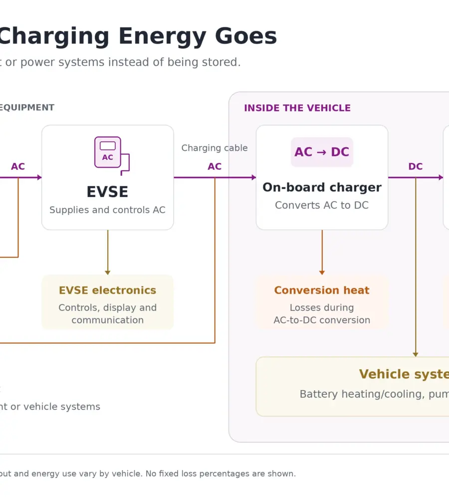 Diagram of home AC EV charging showing energy flow through the EVSE and on-board charger to the battery, with heat losses and energy used by electronics and vehicle systems.