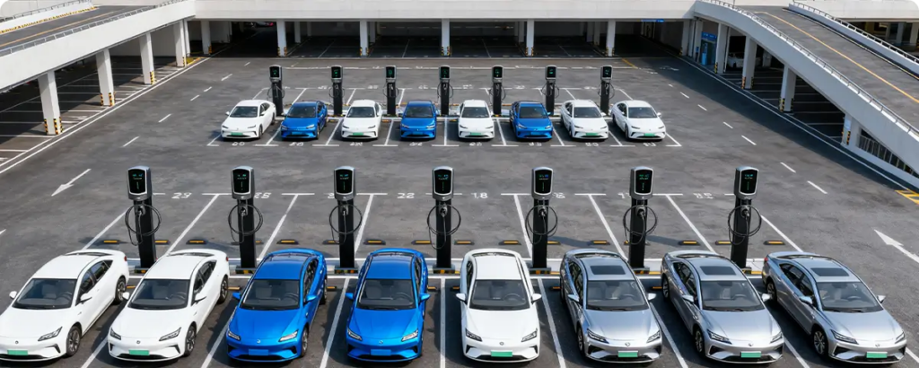 QIAO Q6 one-port commercial EV chargers in a workplace parking area
