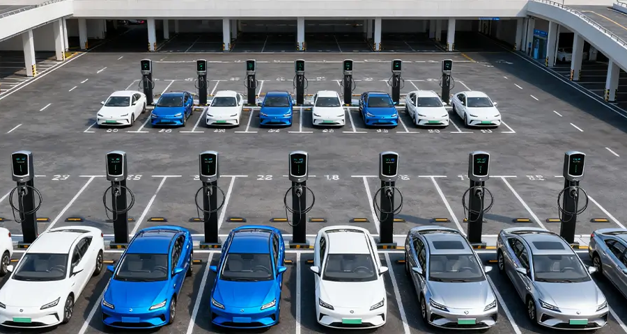QIAO Q6 one-port commercial EV chargers in a workplace parking area