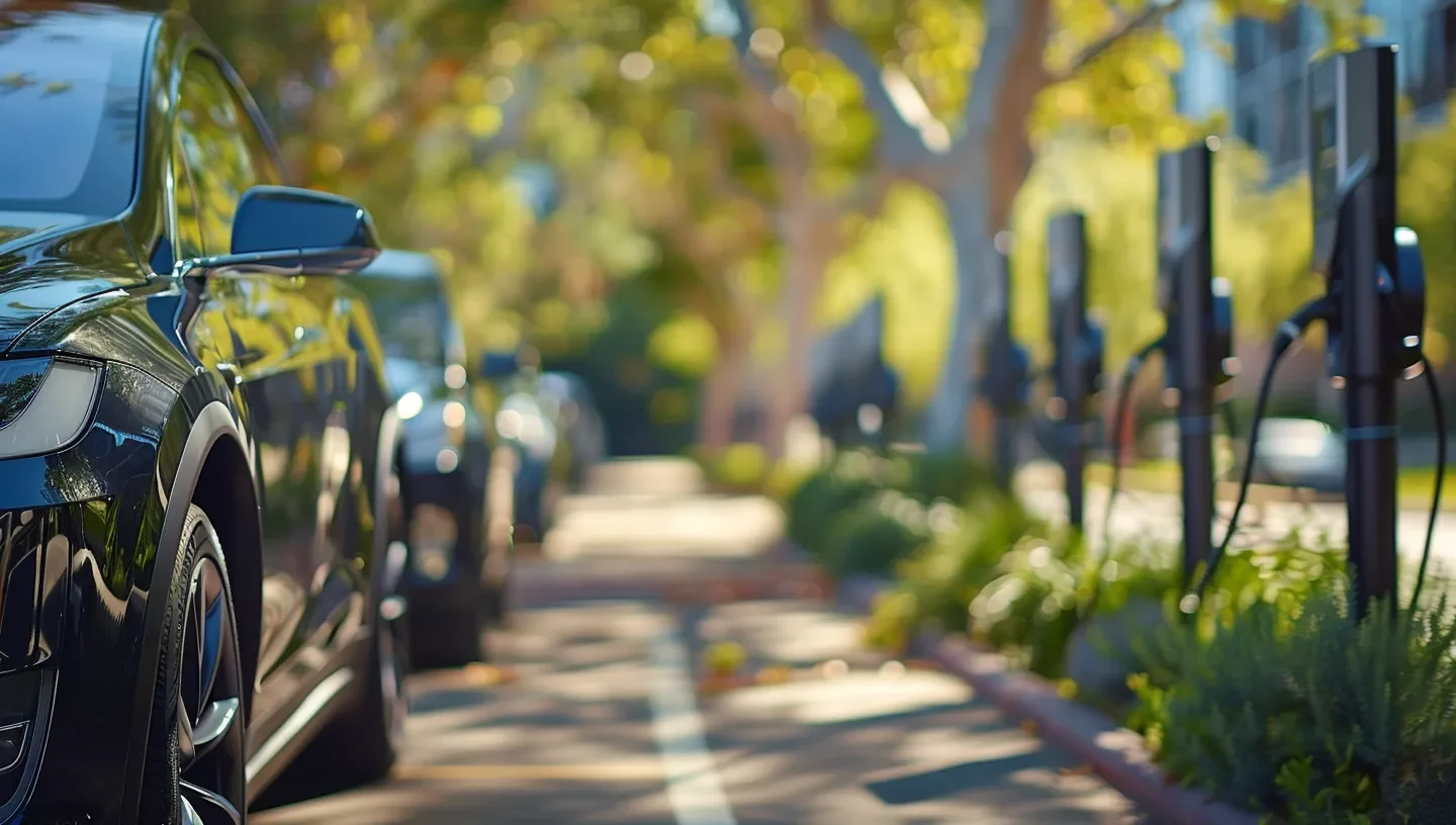 Electric cars parked beside a row of outdoor EV charging stations.