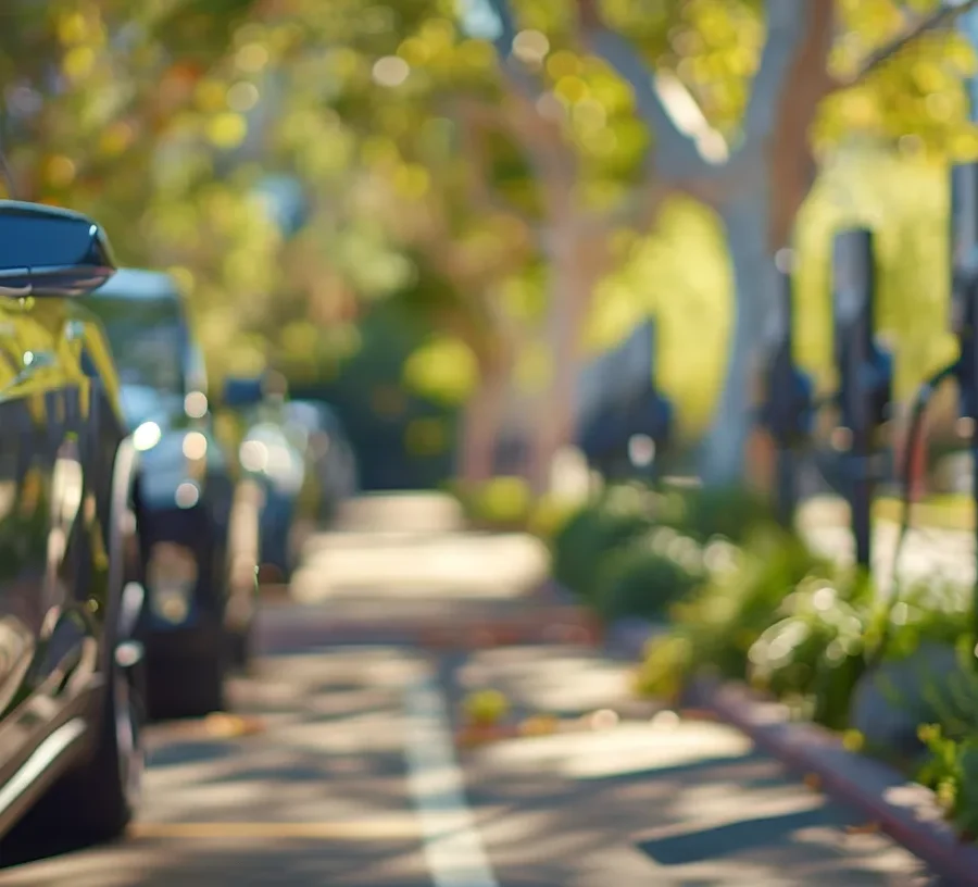 Electric cars parked beside a row of outdoor EV charging stations.