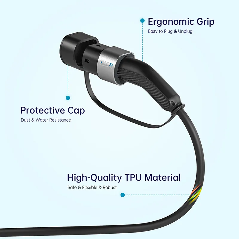EV charging connector with ergonomic grip, protective cap, and durable TPU cable.