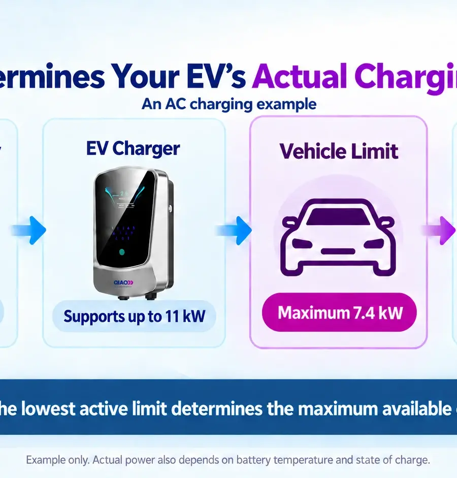 AC charging example showing how an 11 kW electrical supply and charger are limited to 7.4 kW by the vehicle