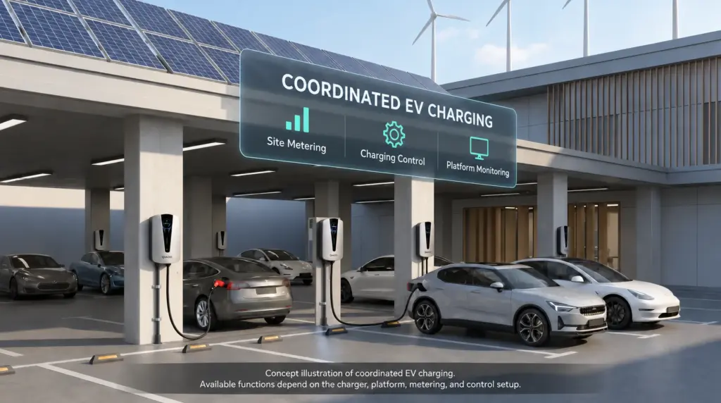 Concept illustration of QIAO EV chargers in a covered parking area with rooftop solar panels and an energy management overlay.