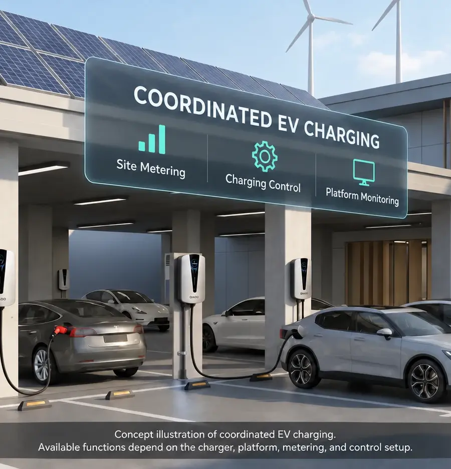 Concept illustration of QIAO EV chargers in a covered parking area with rooftop solar panels and an energy management overlay.