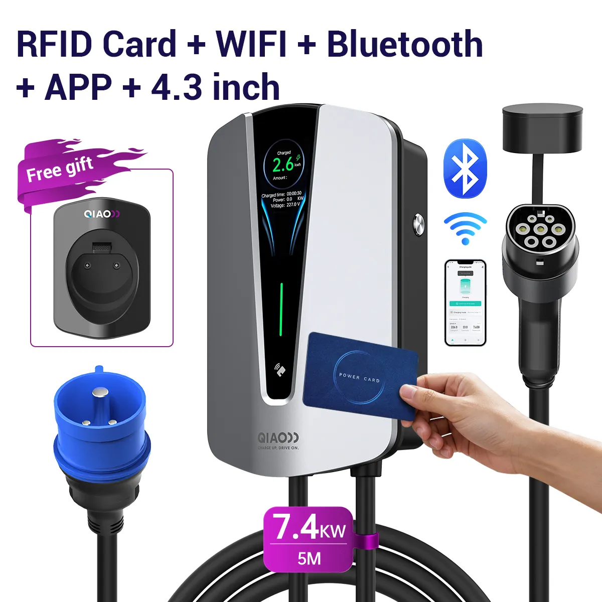7KW -Blue CEE 32A -E804-RFID Card + WIFI + Bluetooth + APP + 4.3 inch_