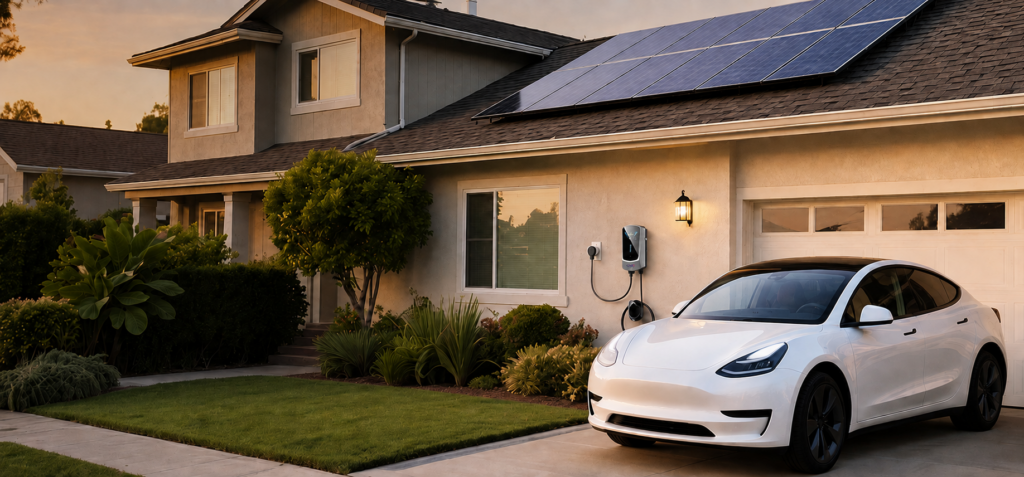 Q6 home EV charger installed beside an electric car at a solar-powered home.