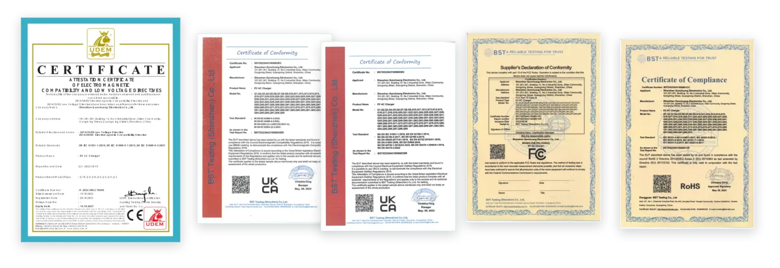 QIAO EV charger CE, UKCA, FCC and RoHS compliance documents.