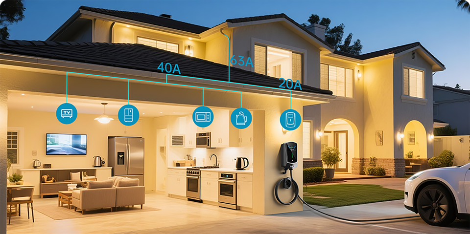 Home EV charger balancing power between an electric car and household appliances.