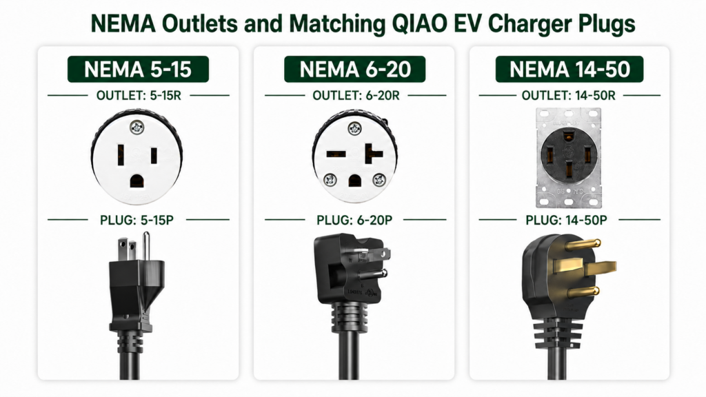 NEMA 5-15, 6-20 and 14-50 outlets with matching QIAO portable EV charger plugs