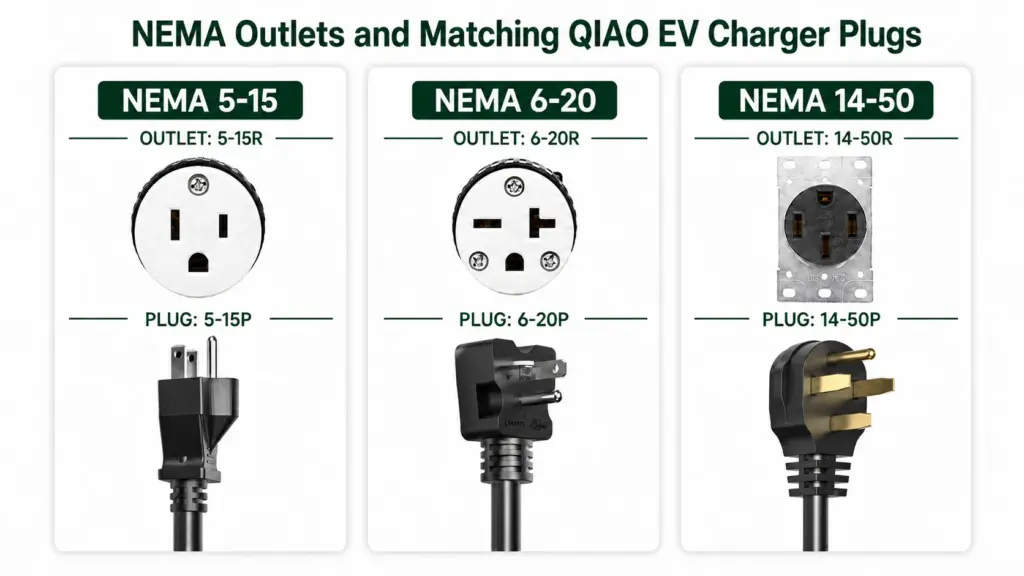 NEMA 5-15, 6-20 and 14-50 outlets with matching QIAO portable EV charger plugs