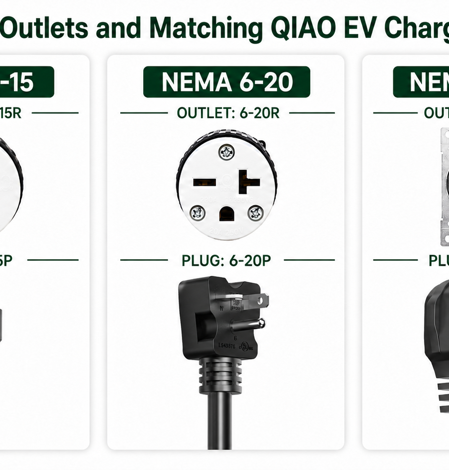 NEMA 5-15, 6-20 and 14-50 outlets with matching QIAO portable EV charger plugs