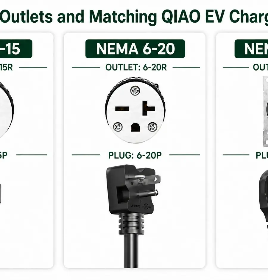 NEMA 5-15 vs. 6-20 vs. 14-50 for EV Charging: Which Outlet Do You Need? NEMA 5-15, 6-20 and 14-50 outlets with matching QIAO portable EV charger plugs