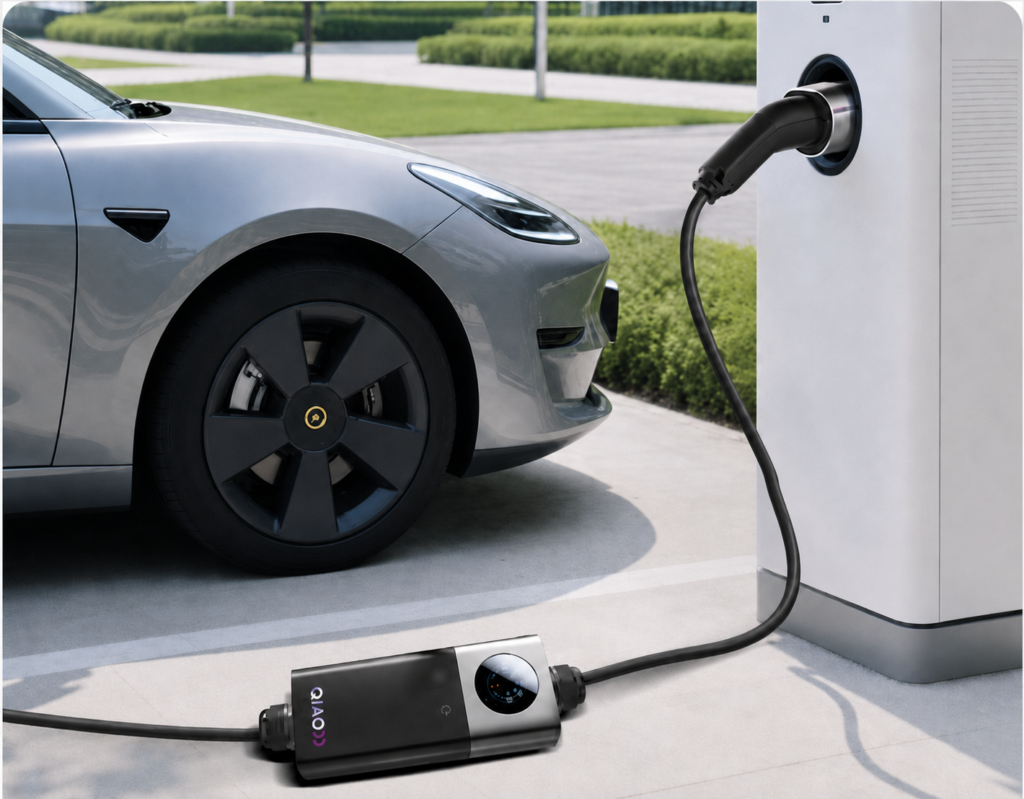 QIAO portable EV charger on the ground between a silver electric car and an outdoor EV charging station.