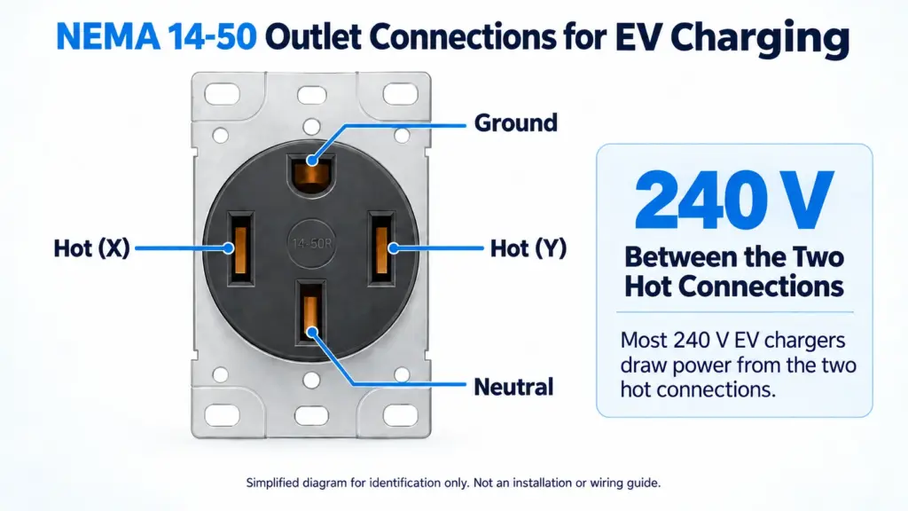 NEMA 14-50 outlet diagram showing Hot X, Hot Y, neutral, ground, and 240-volt EV charging connections.