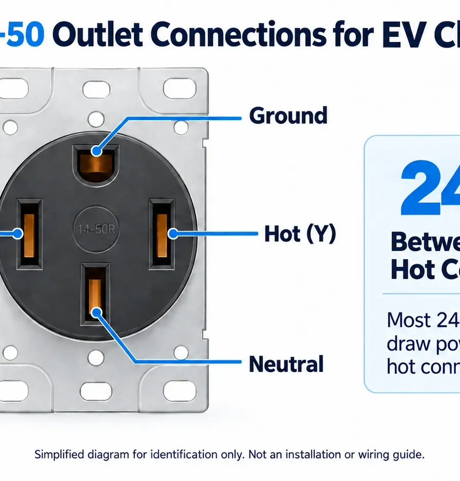 NEMA 14-50 Outlet for EV Charging: A Complete Homeowner’s Guide NEMA 14-50 outlet diagram showing Hot X, Hot Y, neutral, ground, and 240-volt EV charging connections.