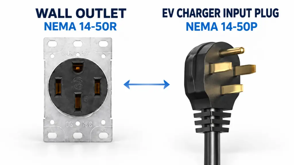 NEMA 14-50R wall outlet beside a matching NEMA 14-50P EV charger input plug.