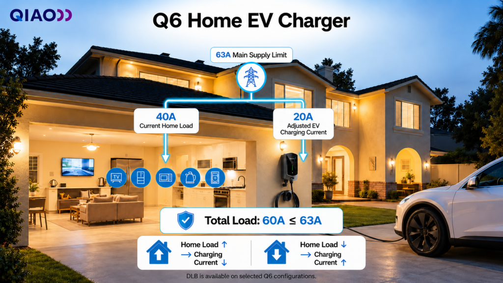 Q6 home EV charger dynamically adjusts charging current based on household power use to keep the total load within a 63A supply limit.