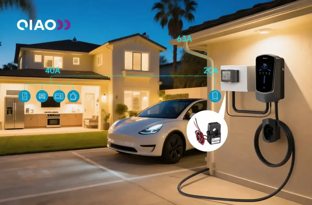 QIAO Q6 home EV charger using a wired CT clamp to adjust charging around household demand.