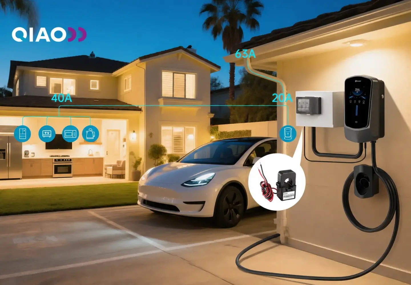 QIAO Q6 home EV charger using a wired CT clamp to adjust charging around household demand.