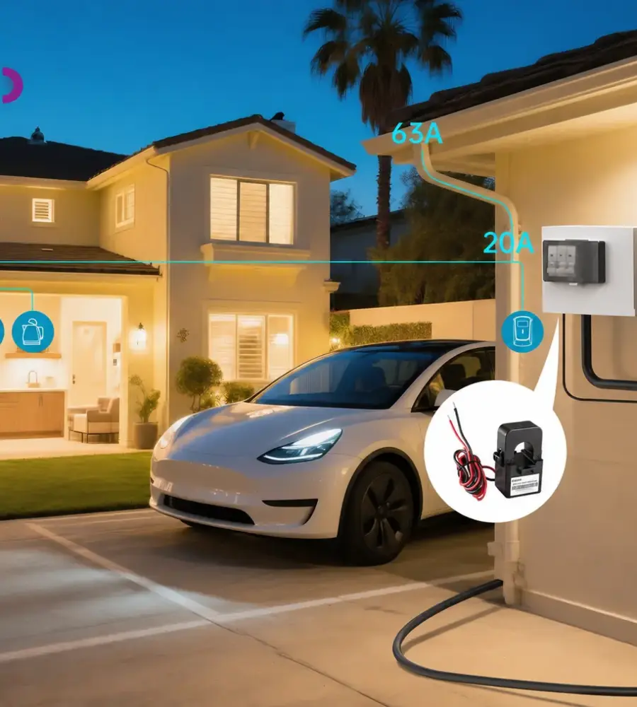 Dynamic Load Management for EV Charging: How It Works QIAO Q6 home EV charger using a wired CT clamp to adjust charging around household demand.