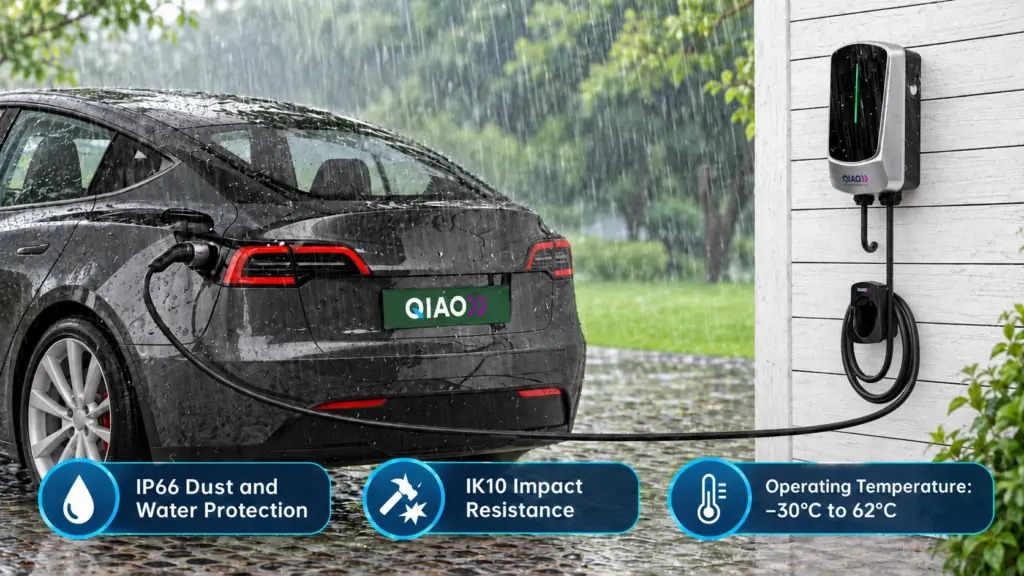 QIAO home EV charger installed outdoors with IP66, IK10 and –30°C to 62°C rating