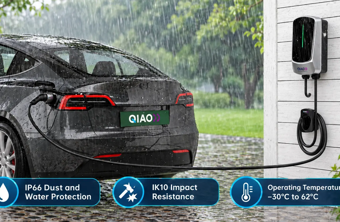 QIAO home EV charger installed outdoors with IP66, IK10 and –30°C to 62°C rating