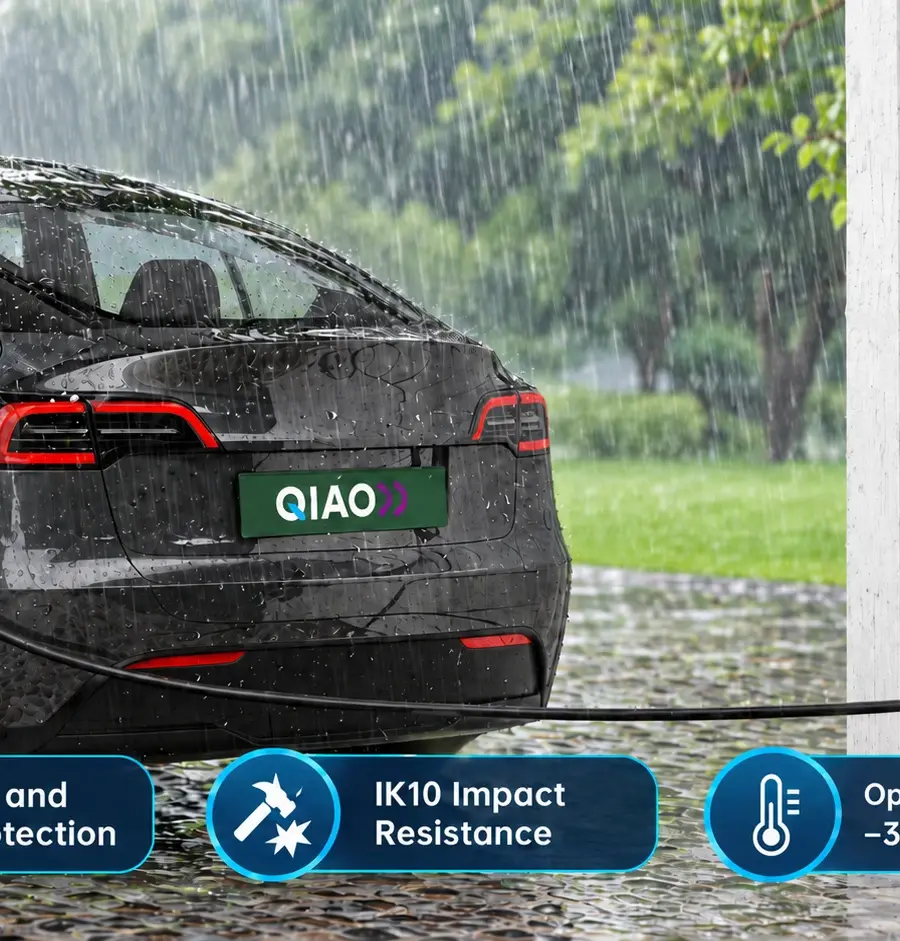 QIAO home EV charger installed outdoors with IP66, IK10 and –30°C to 62°C rating