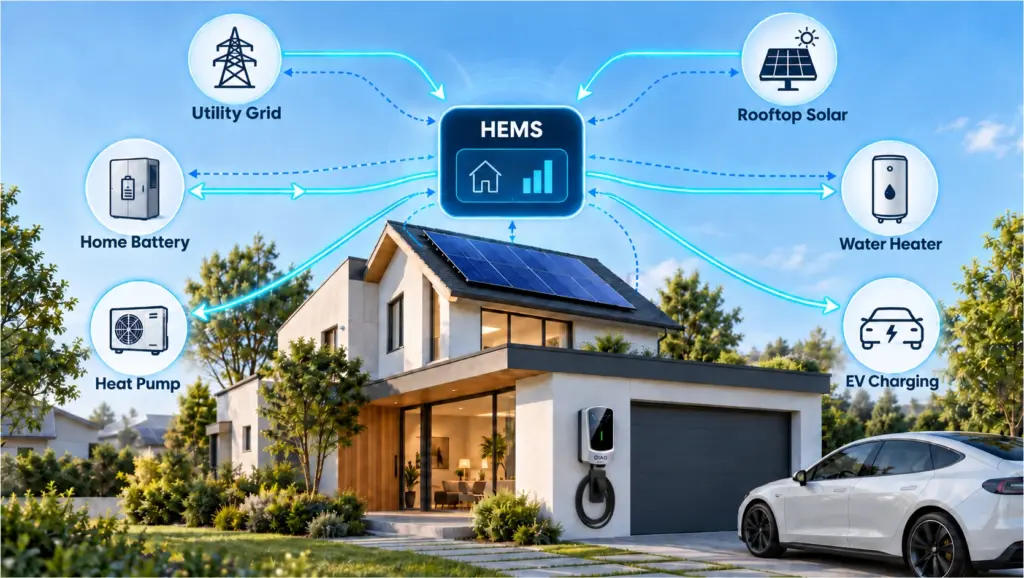 Home energy management system coordinating grid power, rooftop solar, battery storage, EV charging, heat pump, and water heating.