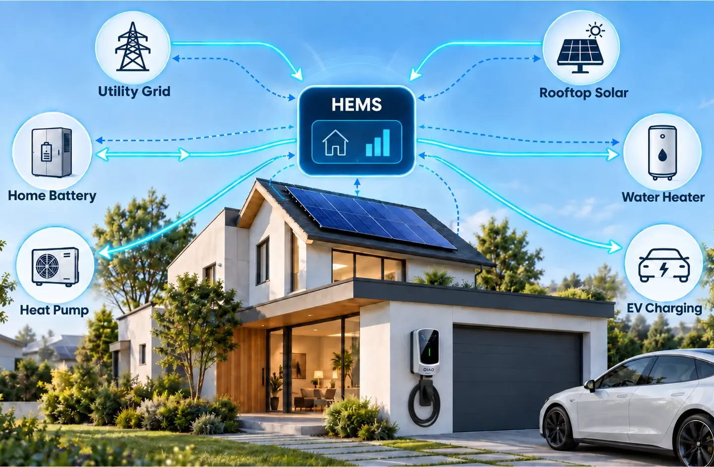 Home energy management system coordinating grid power, rooftop solar, battery storage, EV charging, heat pump, and water heating.