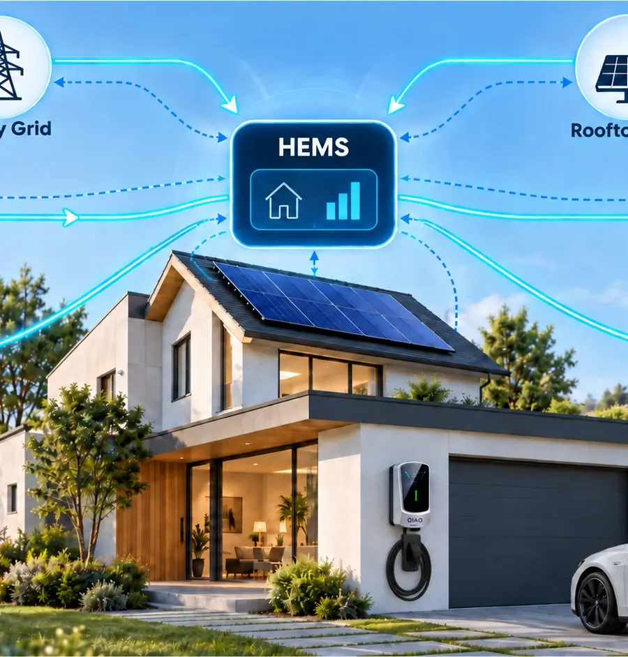Smart Home Energy Management: How Does It Work With EV Charging? Home energy management system coordinating grid power, rooftop solar, battery storage, EV charging, heat pump, and water heating.