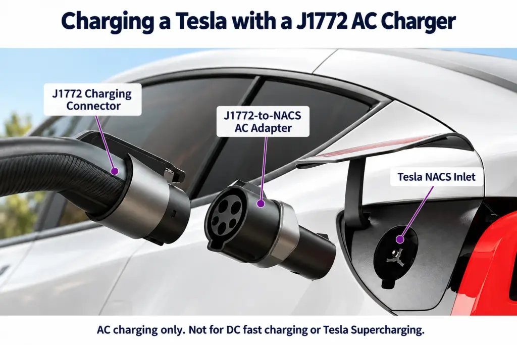 J1772 charging connector, J1772-to-NACS AC adapter, and Tesla charging inlet shown separately to illustrate the AC charging connection.