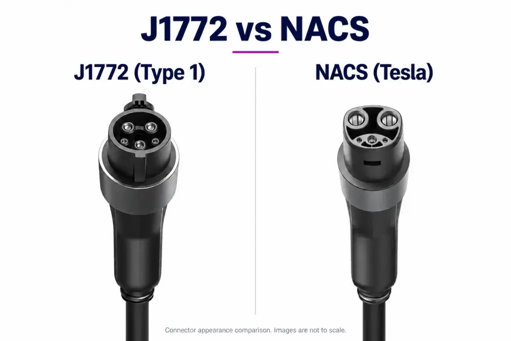Side-by-side comparison of J1772 (Type 1) and NACS (Tesla) EV charging connectors, showing their contact layouts and handle shapes.