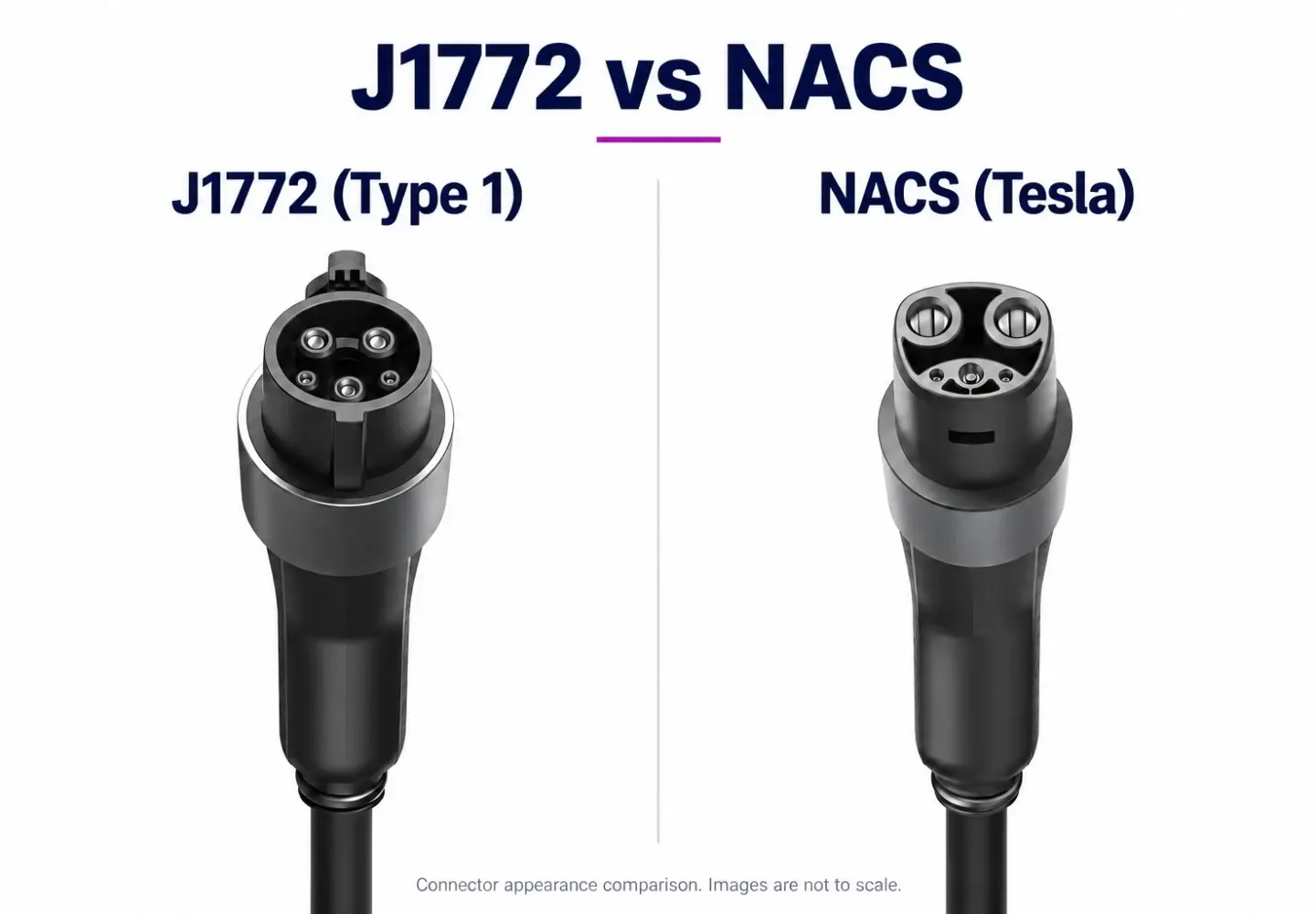 Side-by-side comparison of J1772 (Type 1) and NACS (Tesla) EV charging connectors, showing their contact layouts and handle shapes.