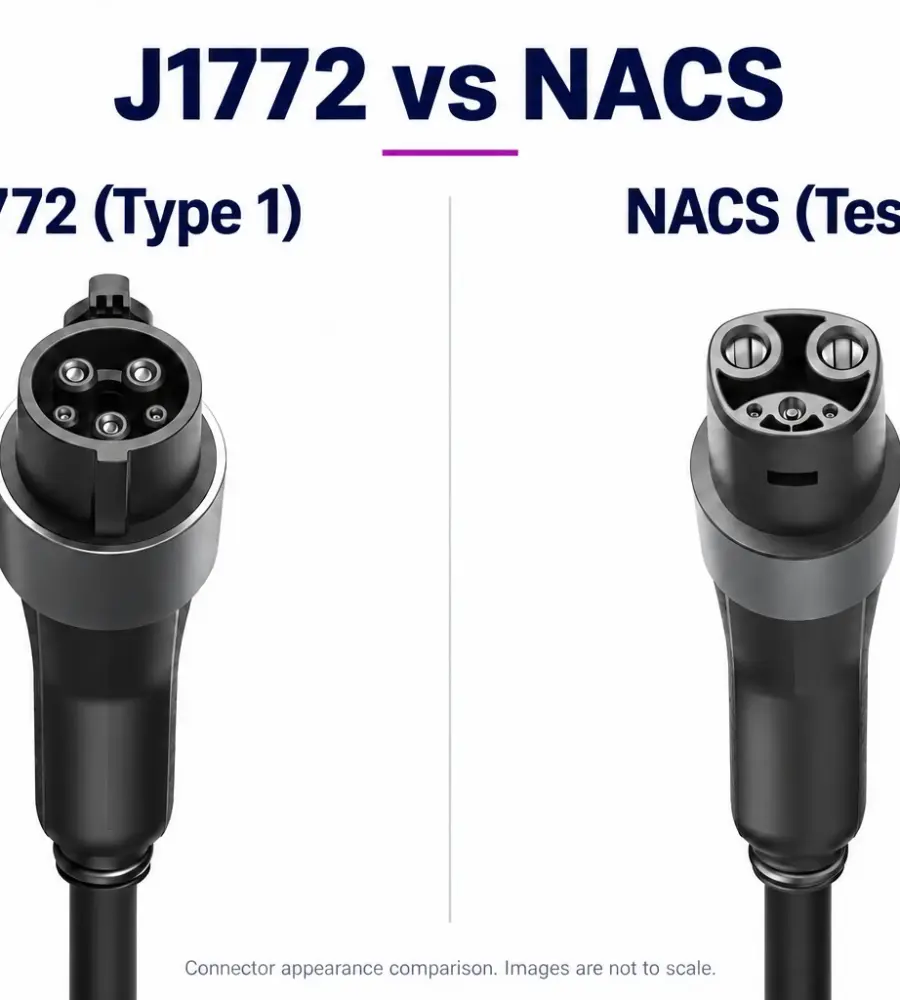Side-by-side comparison of J1772 (Type 1) and NACS (Tesla) EV charging connectors, showing their contact layouts and handle shapes.