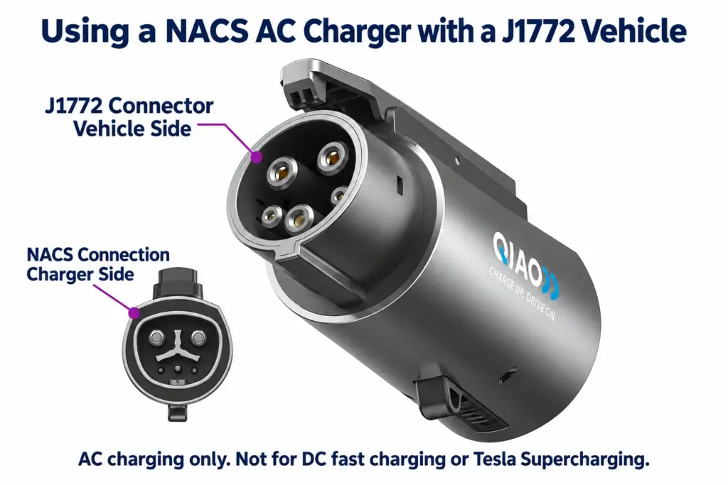 QIAO NACS-to-J1772 AC adapter showing the J1772 vehicle-side connector and a separate view of the NACS charger-side connection.