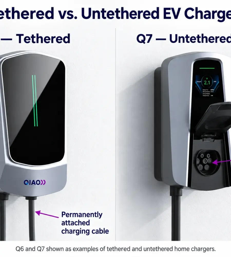 QIAO Q6 tethered home EV charger with a permanently attached charging cable, compared with the Q7 untethered charger with a Type 2 socket for a removable cable.